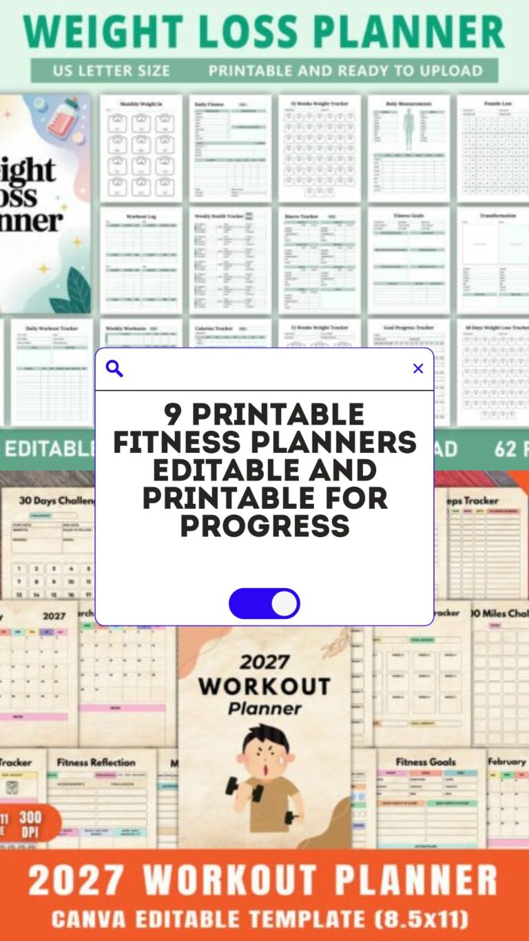 9 Printable Fitness Planners Editable and Printable for Progress