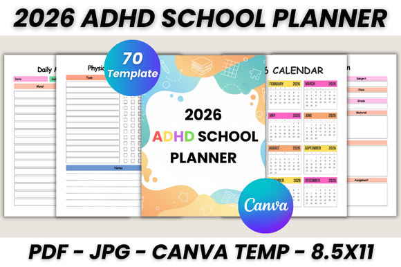 Teacher Gradebook Planner — 2026 ADHD School Planner Canva Template product preview