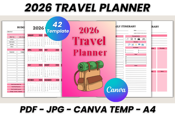 2026 travel planner Canva template with budget and expense tracker