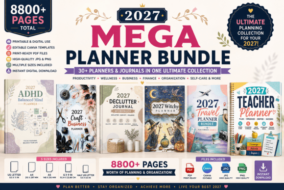 2027 mega planner bundle for personal organization wellness and productivity
