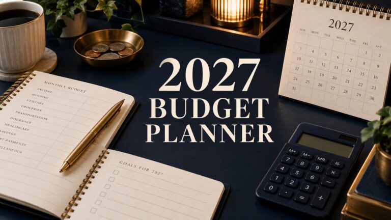 2027 Budget Planner with monthly budget, calculator and annual calendar