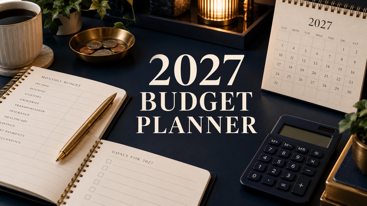 2027 Budget Planner with monthly budget, calculator and annual calendar