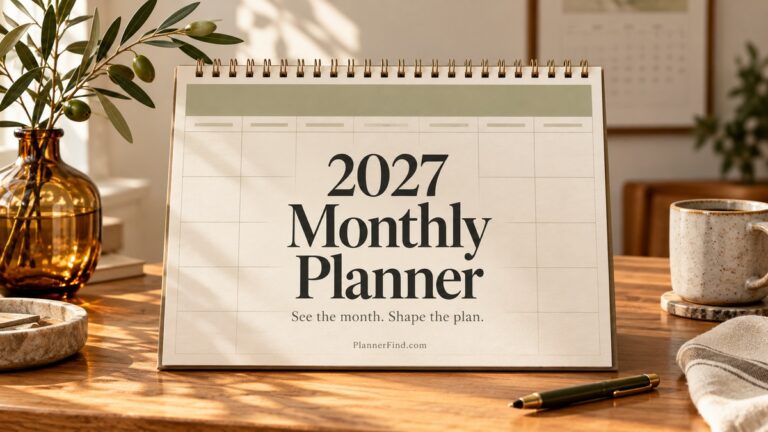 2027 Monthly Planner with realistic planner pages and themed desk accessories