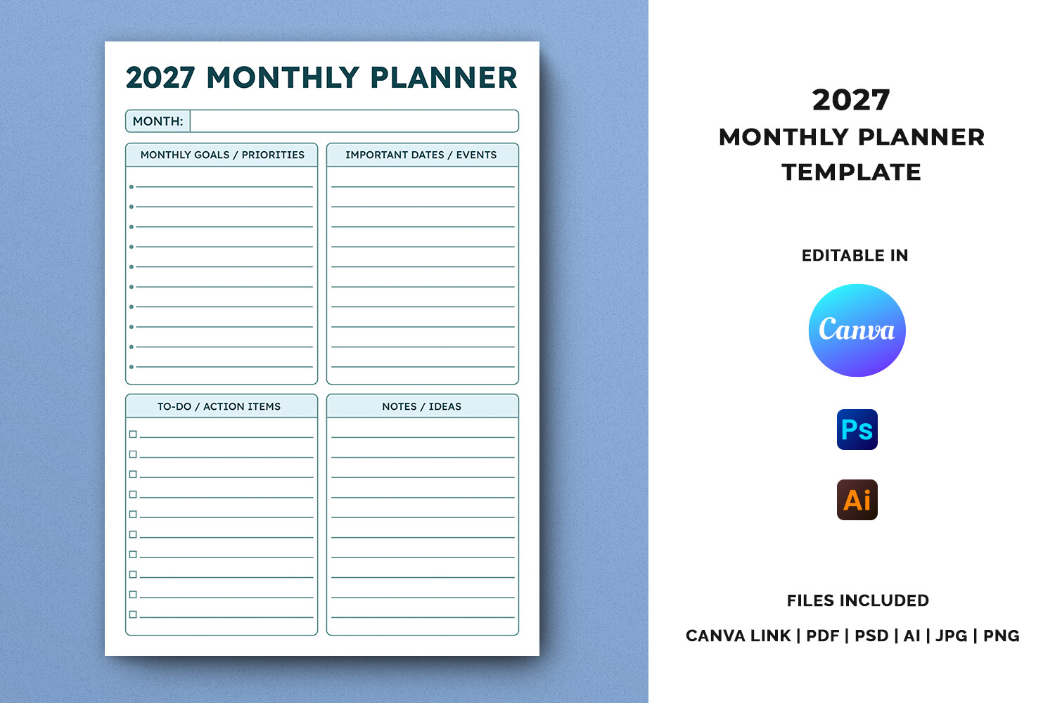 2027 Monthly Planner — Editable 2027 Monthly Planner Template by Pugazh Logan