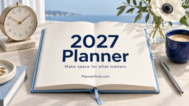 2027 Planner on a cream desk with a clock and blue coffee cup