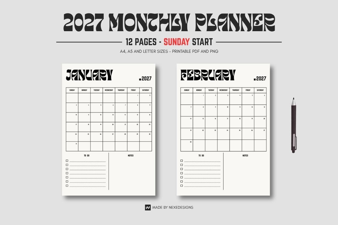 2027 Monthly Planner — Sunday-Start 2027 Monthly Calendar by NexeDesigns
