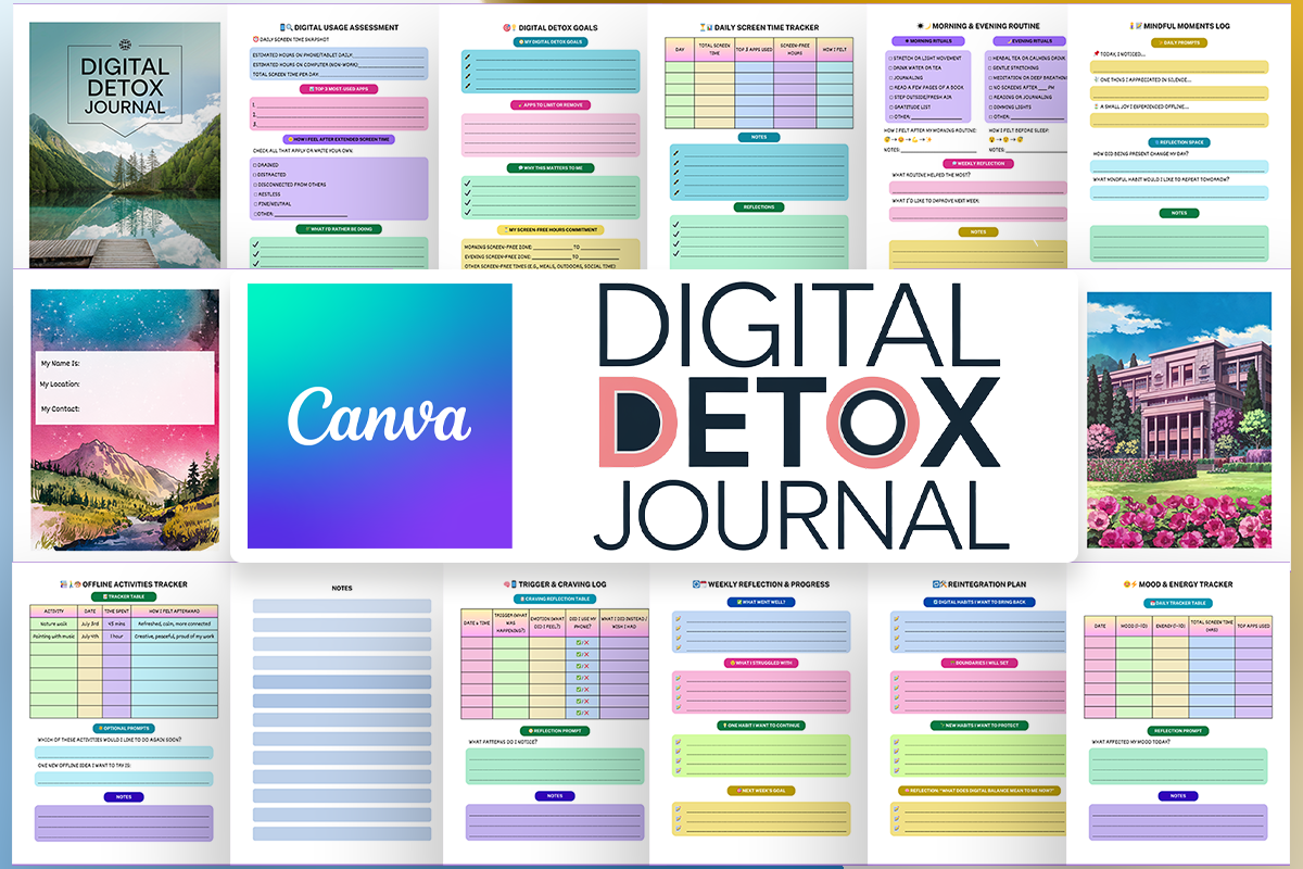 Screen Time Tracker: Daily Screen Logs and Offline Activity Pages in a Canva Journal original product preview