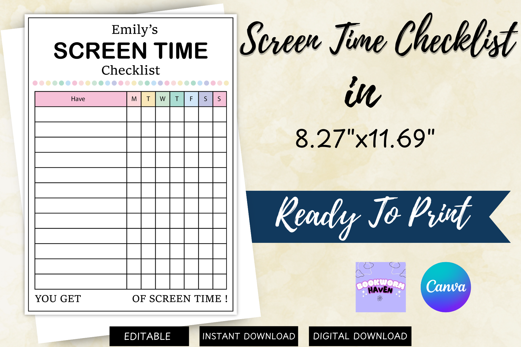 Screen Time Tracker: Single-Page A4 Screen Time Checklist original product preview