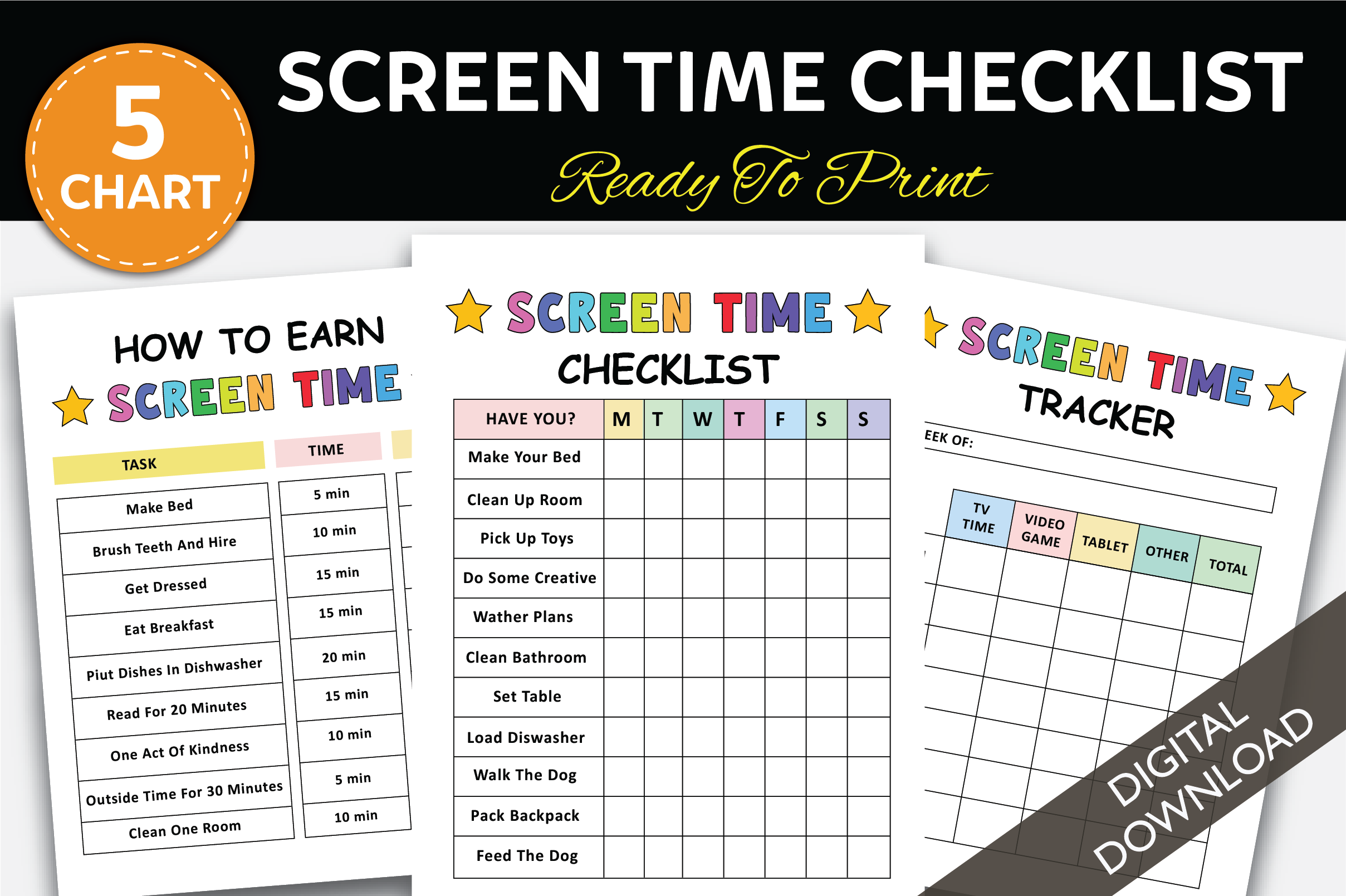 Screen Time Tracker: Colorful Screen Time Checklists and a Weekly Usage Grid original product preview