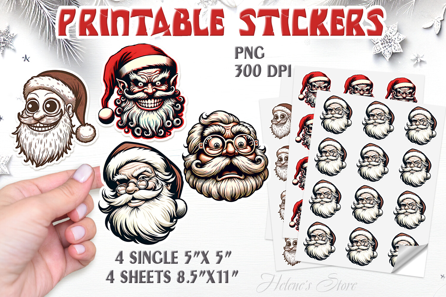 Santa Stickers: Four Black-and-White Santa Faces with Exaggerated Expressions original product preview