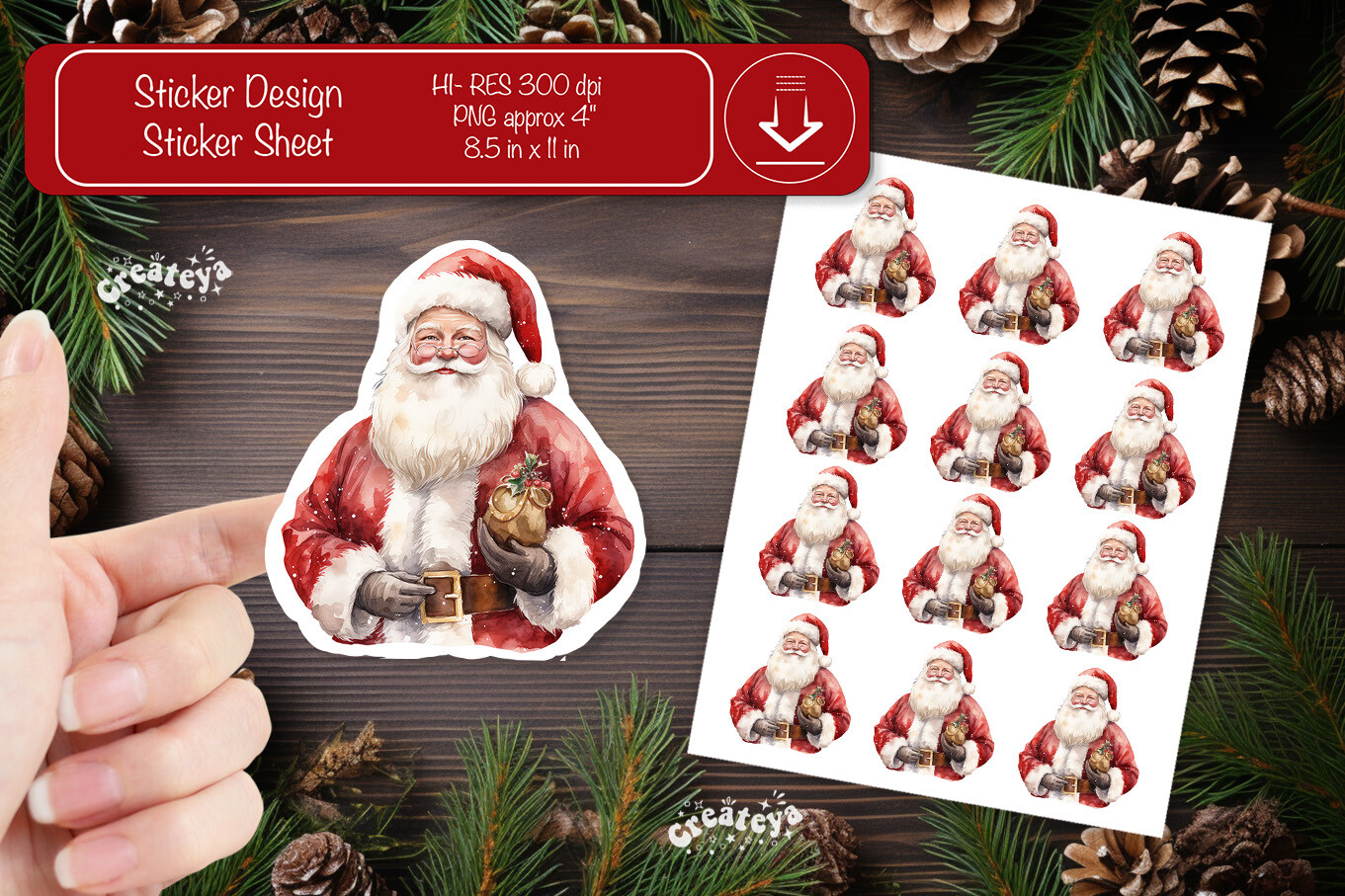 Santa Stickers: A Second Watercolor Santa with a Prepared PNG Sheet original product preview