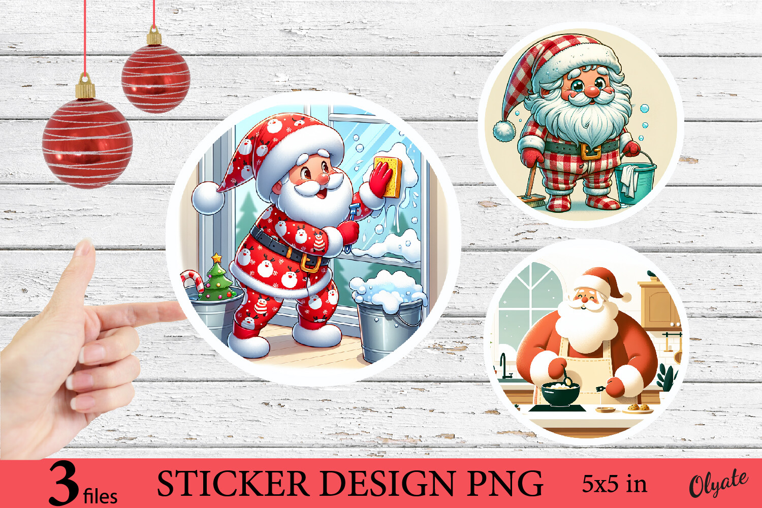 Santa Stickers: Three Colorful Santa Scenes with PNG Sticker Sheets original product preview