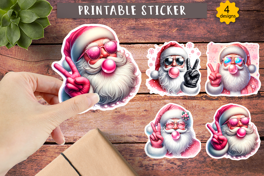 Santa Stickers: Four Pink Santa Portraits with Playful Details original product preview