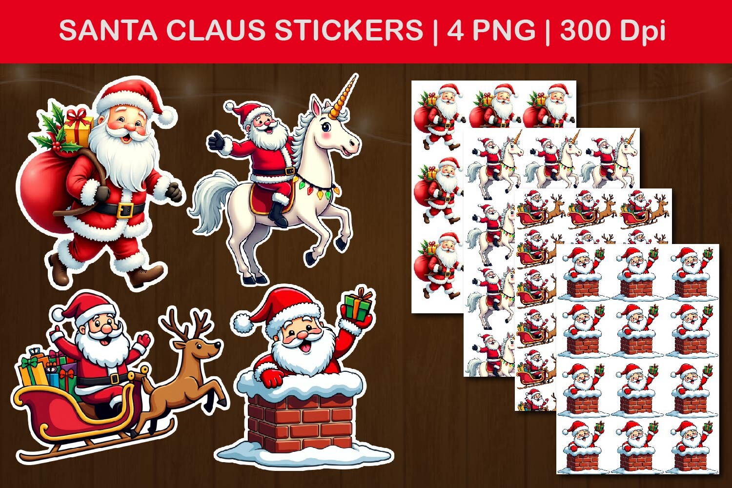 Santa Stickers: Four Cartoon Santa Scenes in a PNG Pack original product preview