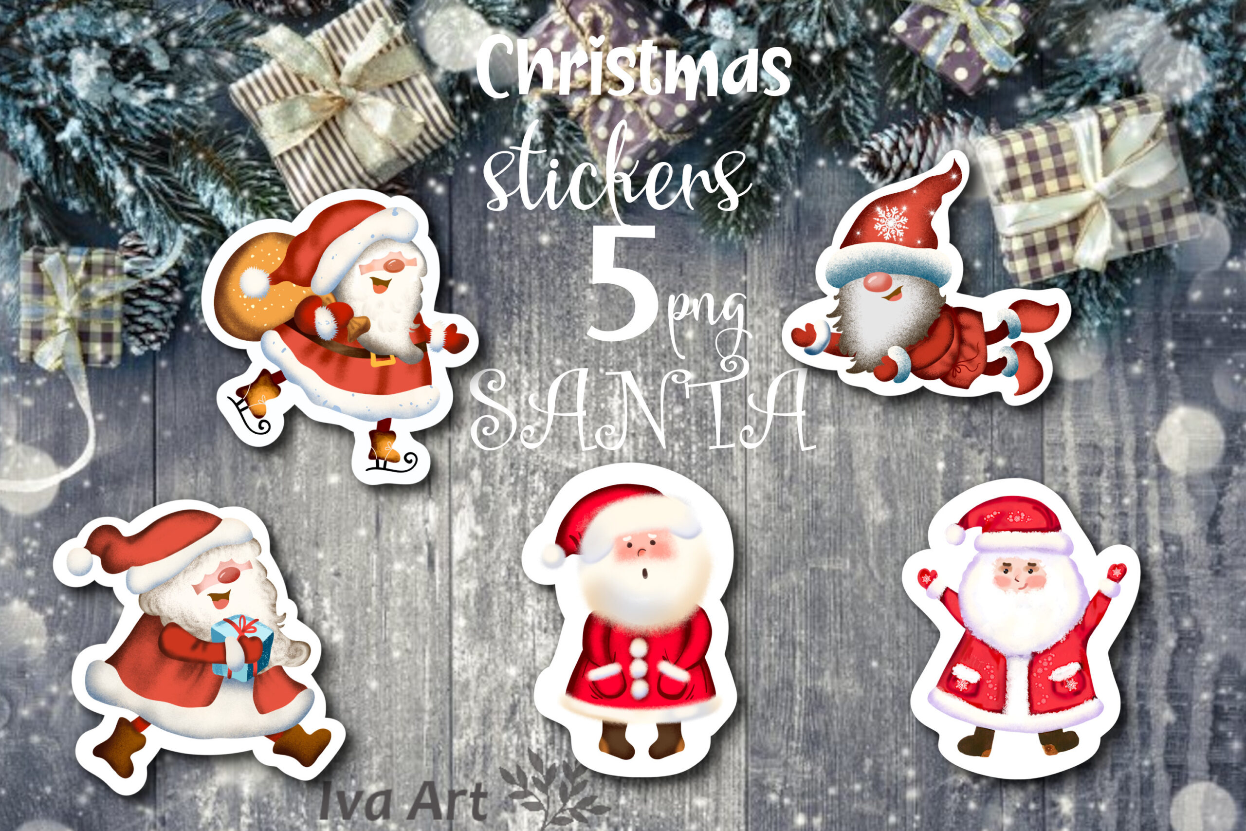 Santa Stickers: Five Small Cartoon Santas on Transparent Backgrounds original product preview