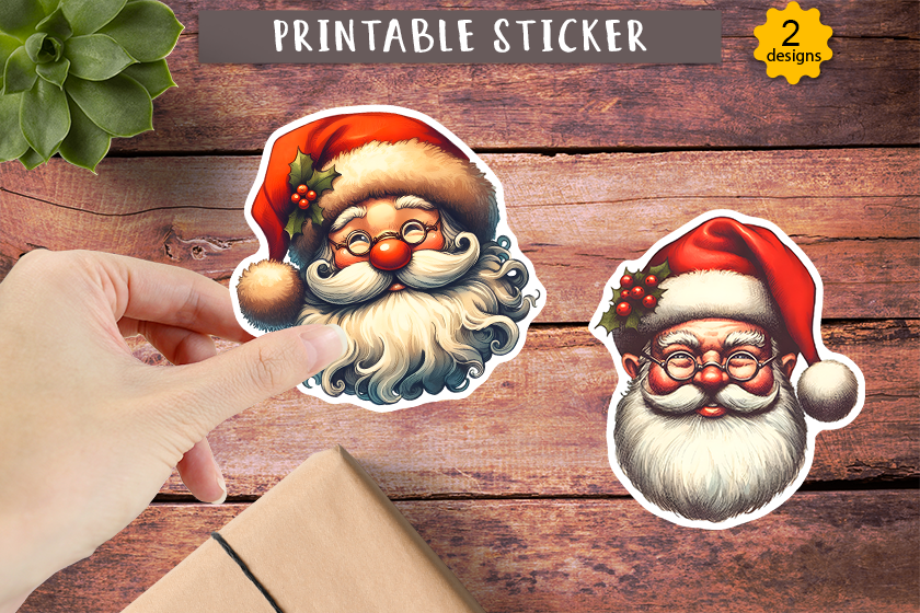 Santa Stickers: Two Vintage Santa Portraits with Contrasting Expressions original product preview