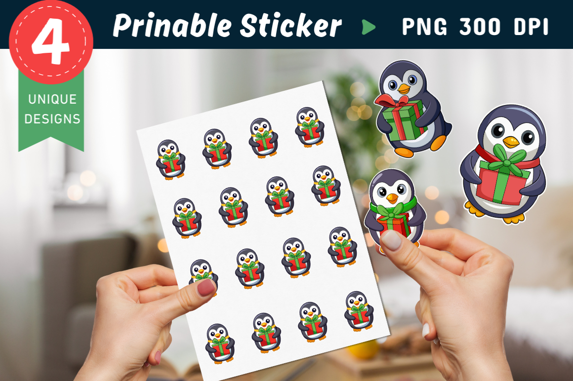 Penguin Stickers: One PNG Composition Showing Four Christmas Penguin Motifs original product preview
