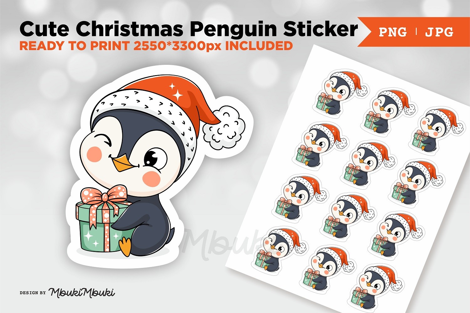 Penguin Stickers: A Gift-Holding Christmas Penguin with PNG and JPG Sheets original product preview