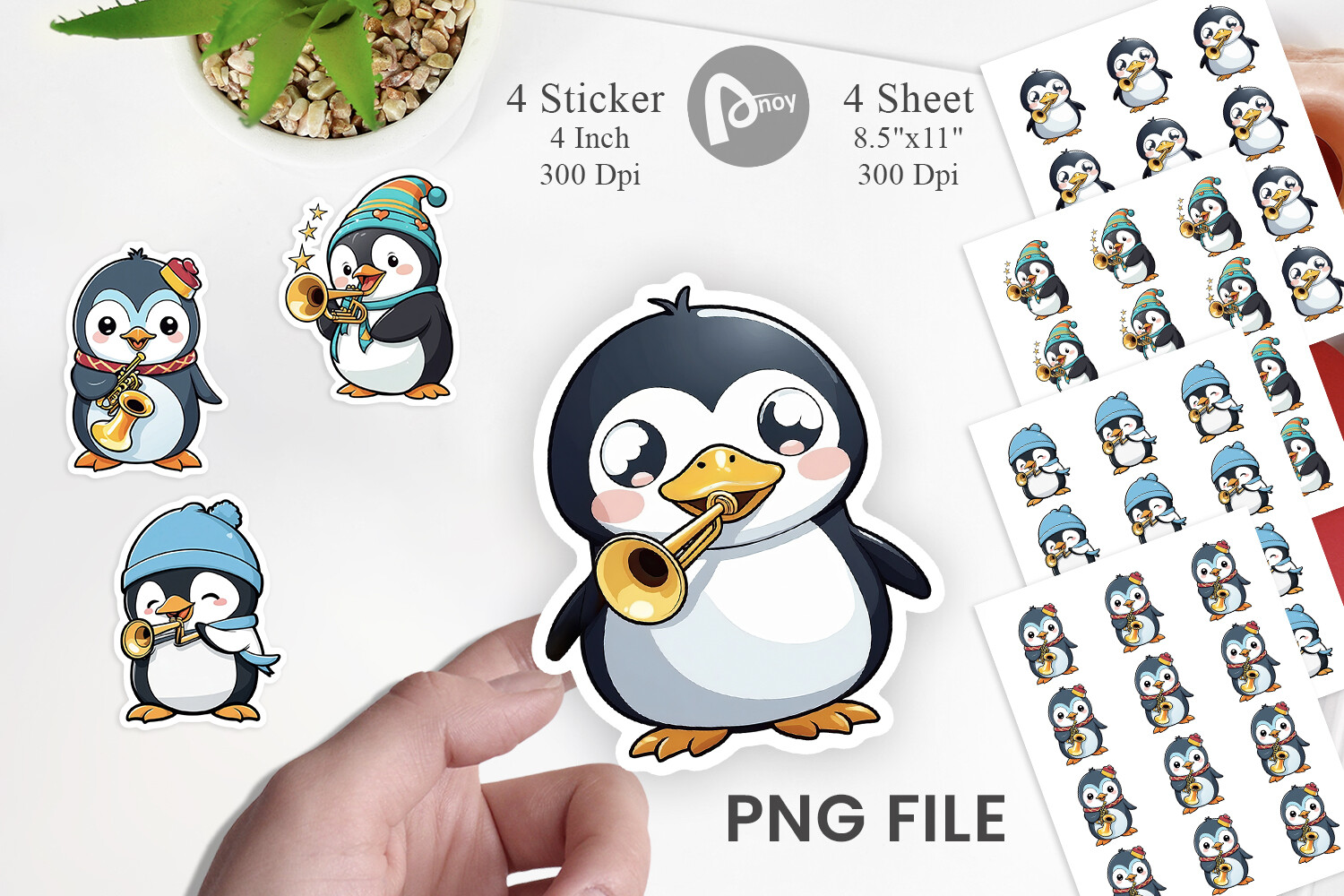Penguin Stickers: Four Festive Penguin Musicians with Prepared PNG Sheets original product preview