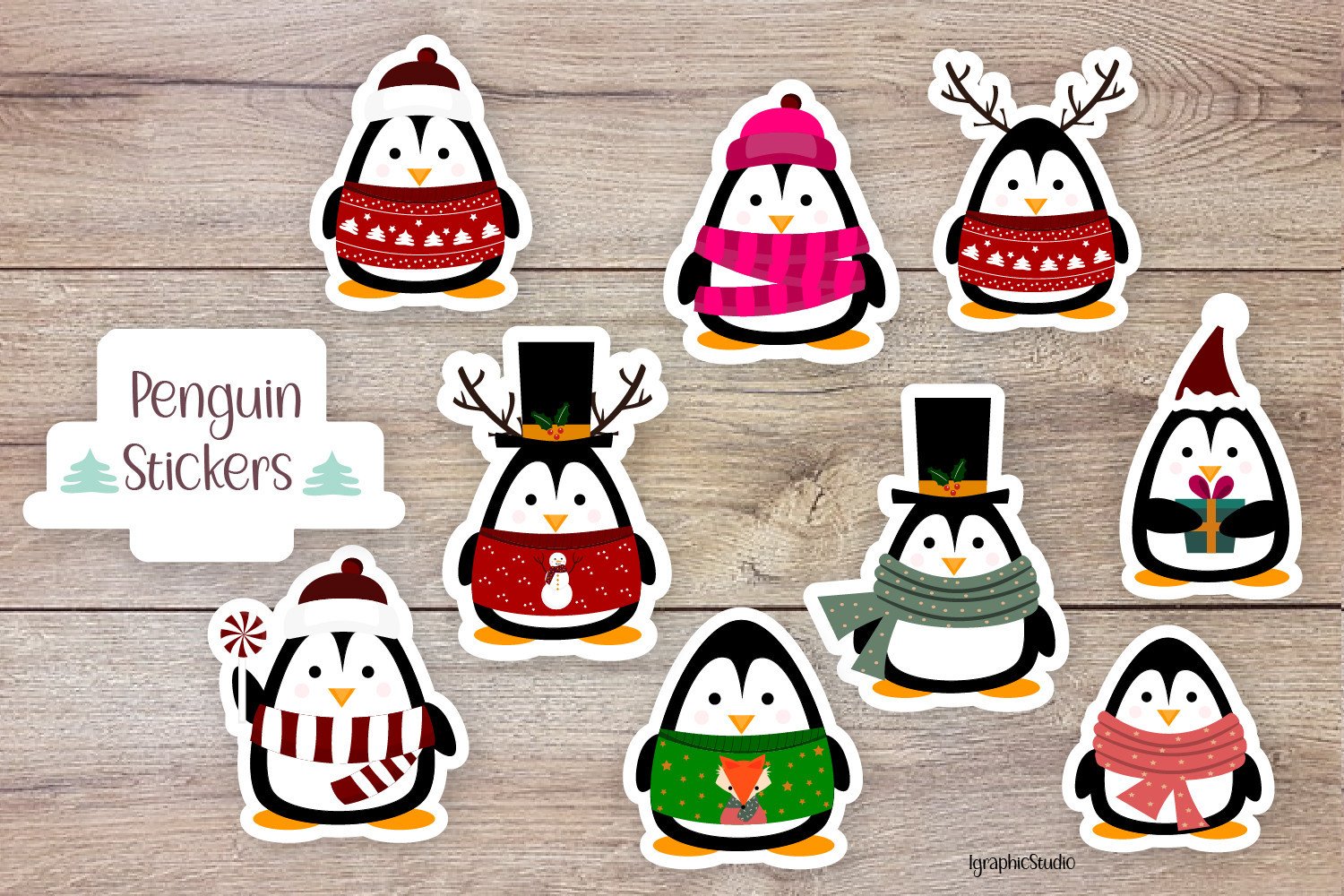 Penguin Stickers: Nine Holiday Penguins with Individual Files and an A4 Sheet original product preview