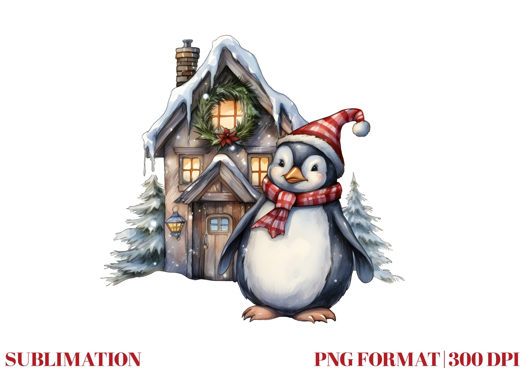 Penguin Stickers: One Painted Penguin beside a Snowy Holiday House original product preview