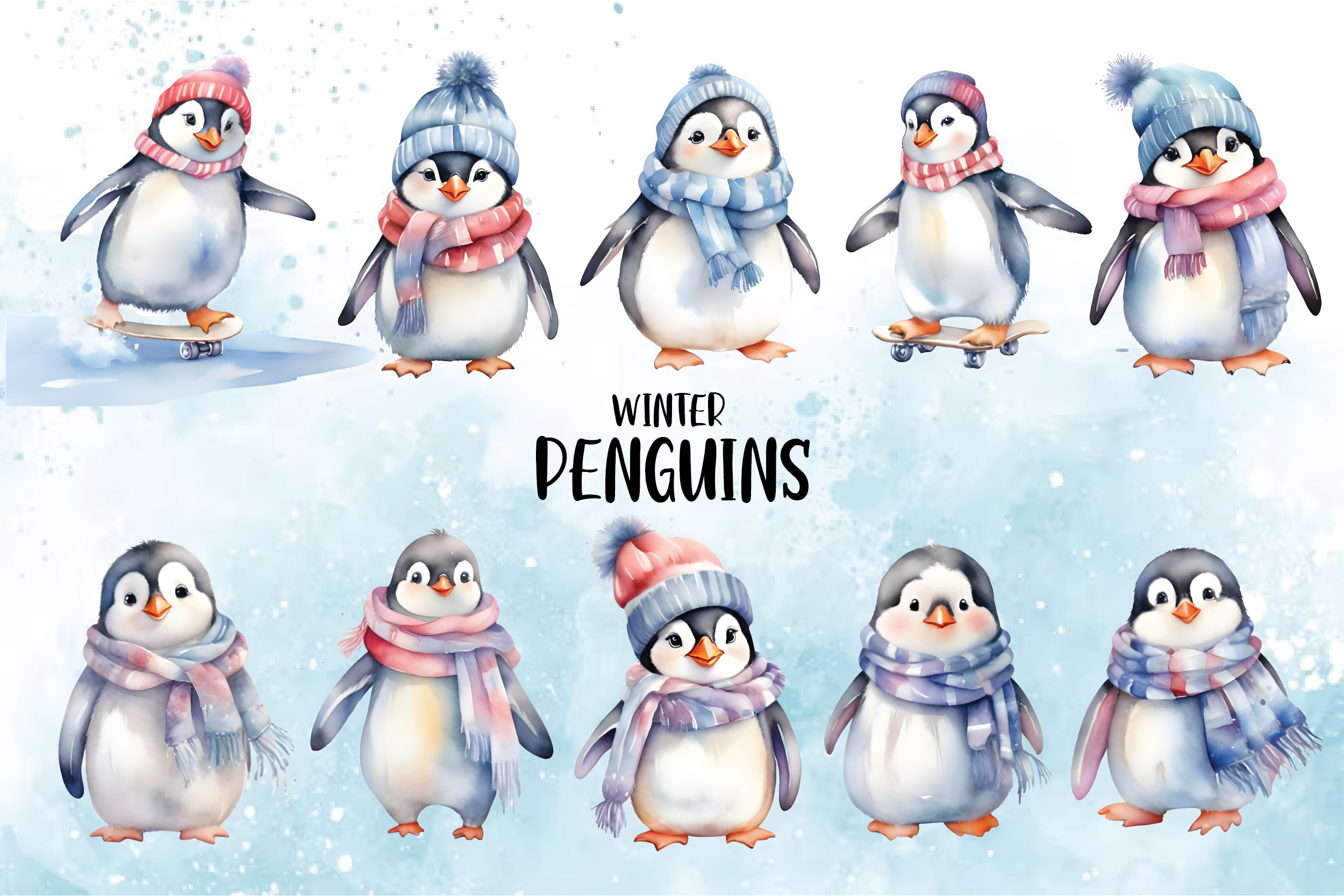 Penguin Stickers: Ten Watercolor Winter Penguins in Hats and Scarves original product preview