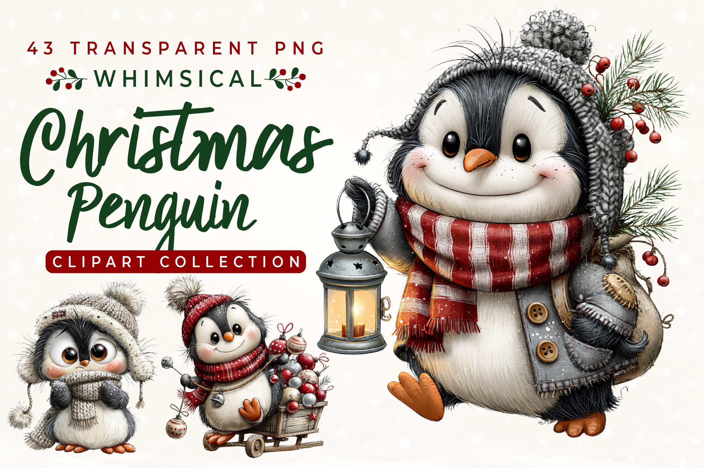 Penguin Stickers: Forty-Three Separate Whimsical Holiday PNG Elements original product preview