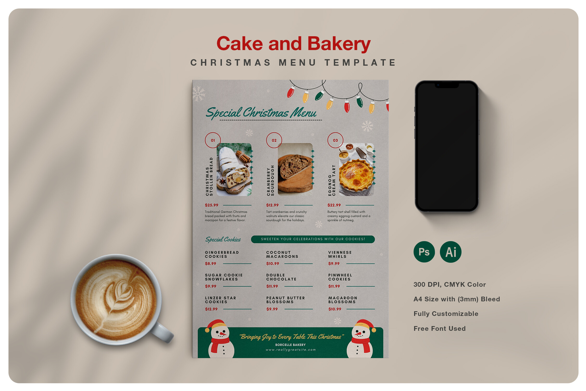 Christmas Menu Templates: An A4 Holiday Bakery Menu with Photoshop and Illustrator Sources original product preview