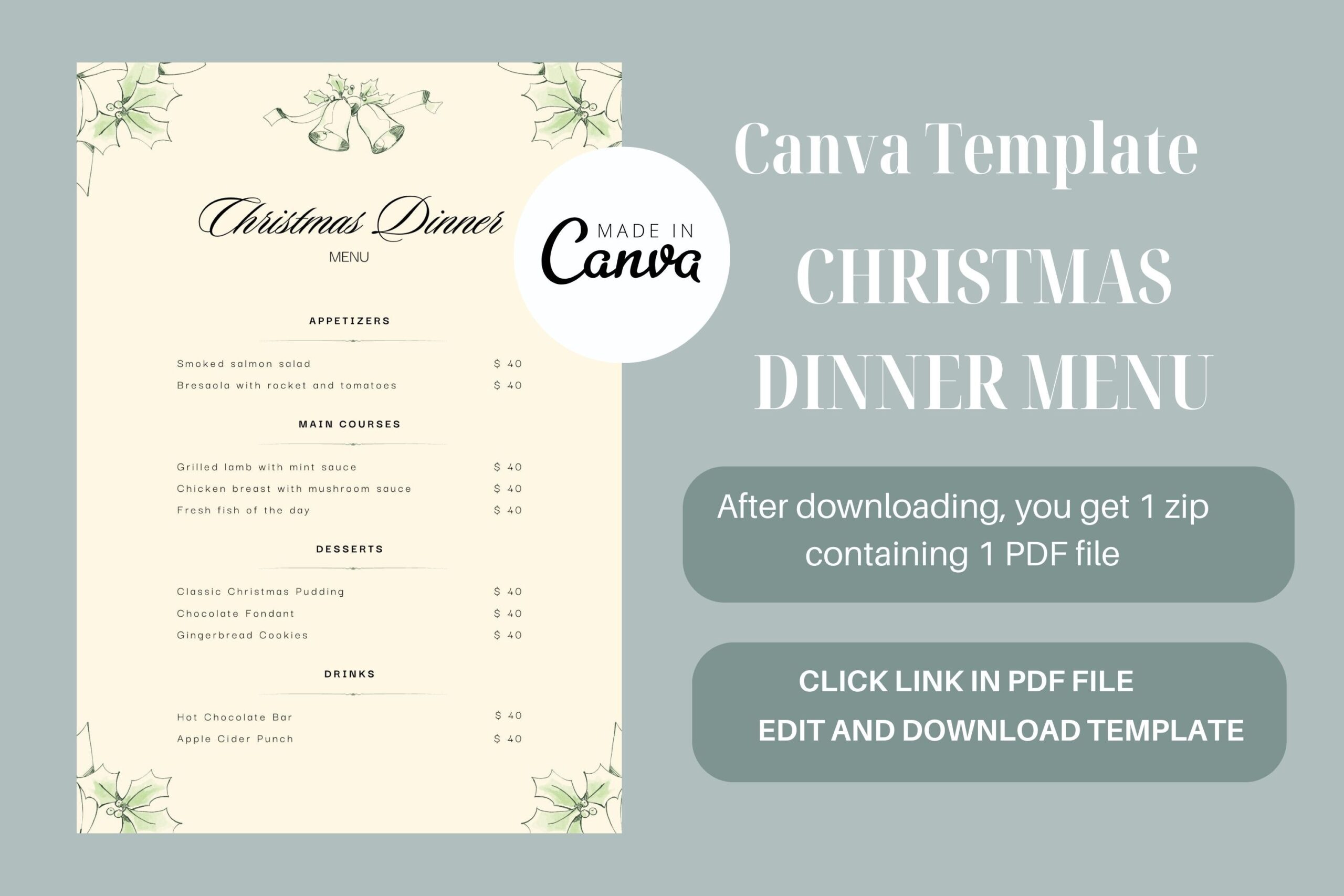 Christmas Menu Templates: A Greenery-Framed Christmas Dinner Menu with Canva Access original product preview