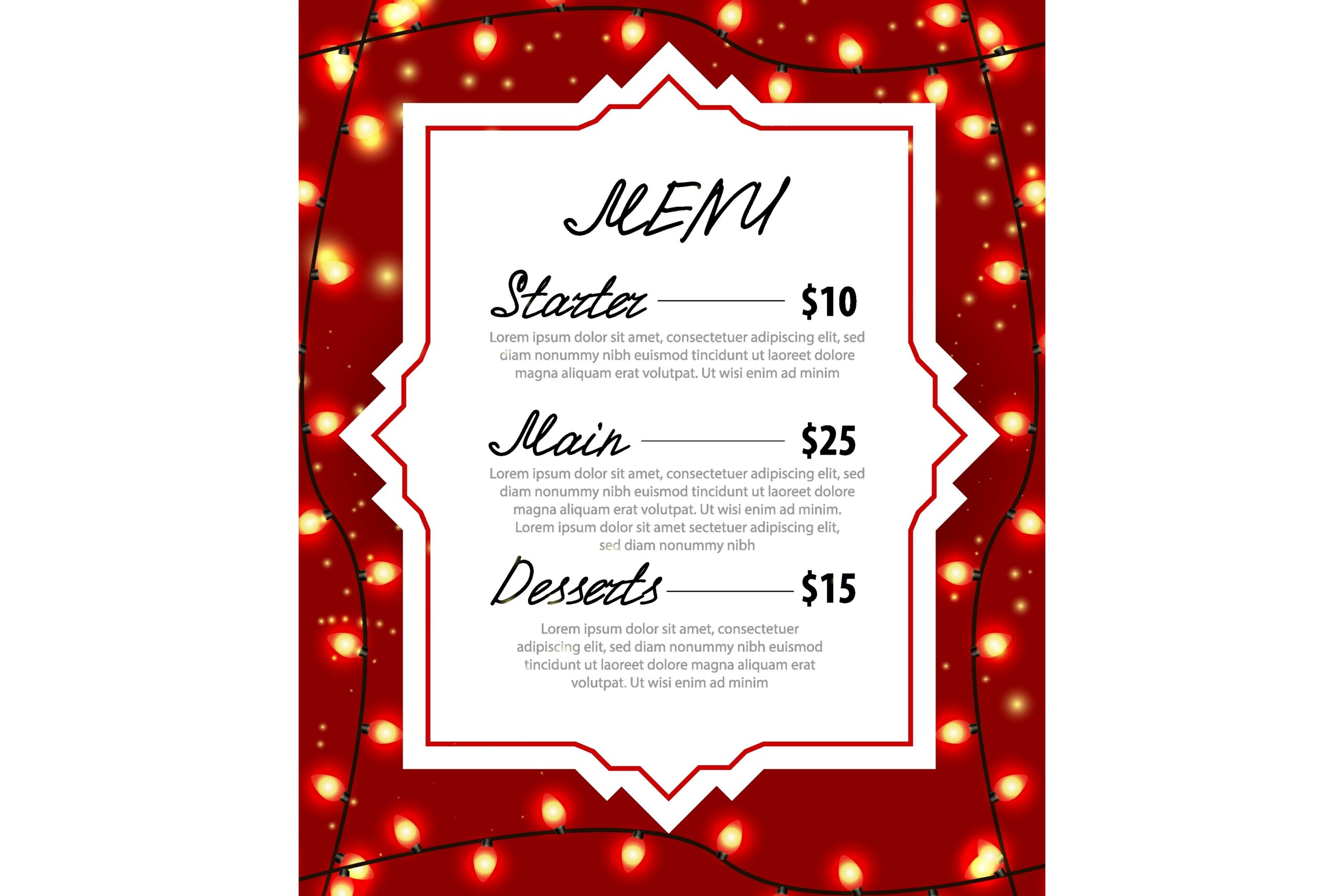 Christmas Menu Templates: A Red Menu Card Surrounded by Glowing Garlands original product preview