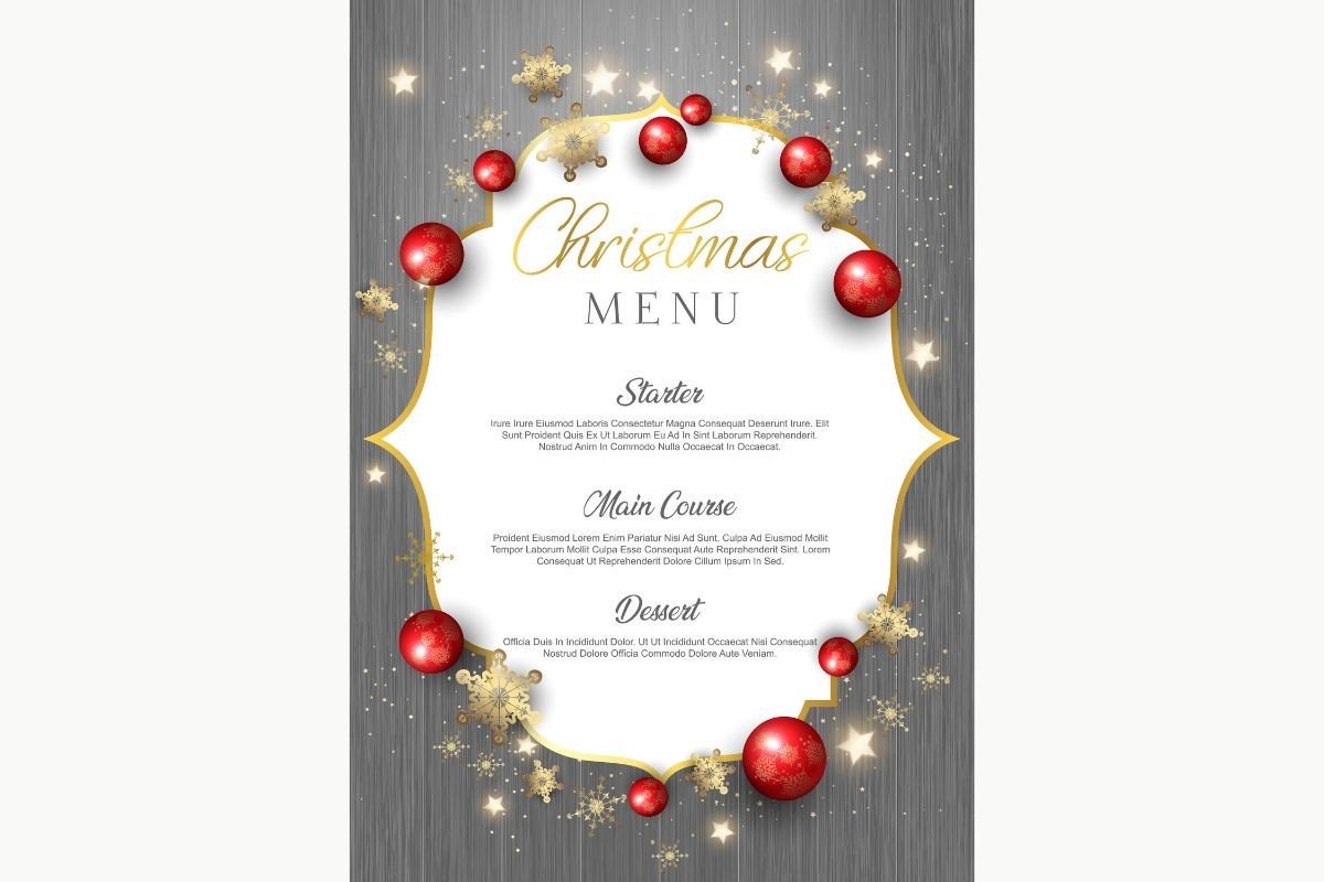 Christmas Menu Templates: A Wood-Texture Menu Framed by Baubles and Stars original product preview