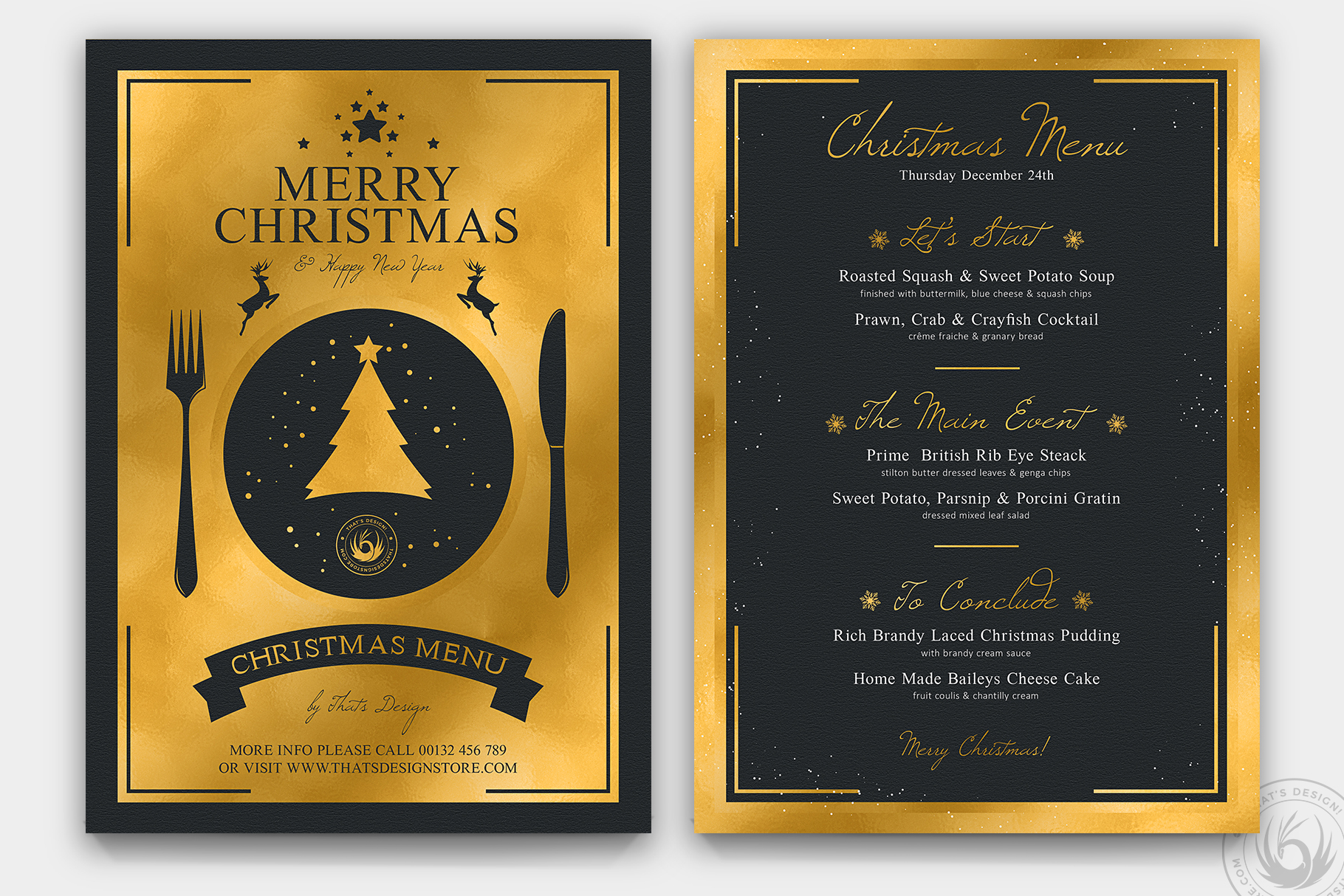 Christmas Menu Templates: Black-and-Gold Double-Sided Christmas Menu in PSD original product preview