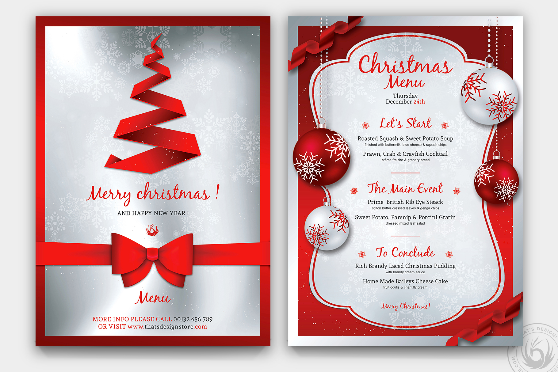 Christmas Menu Templates: Red-and-White Ornament Menu with Two Photoshop Files original product preview
