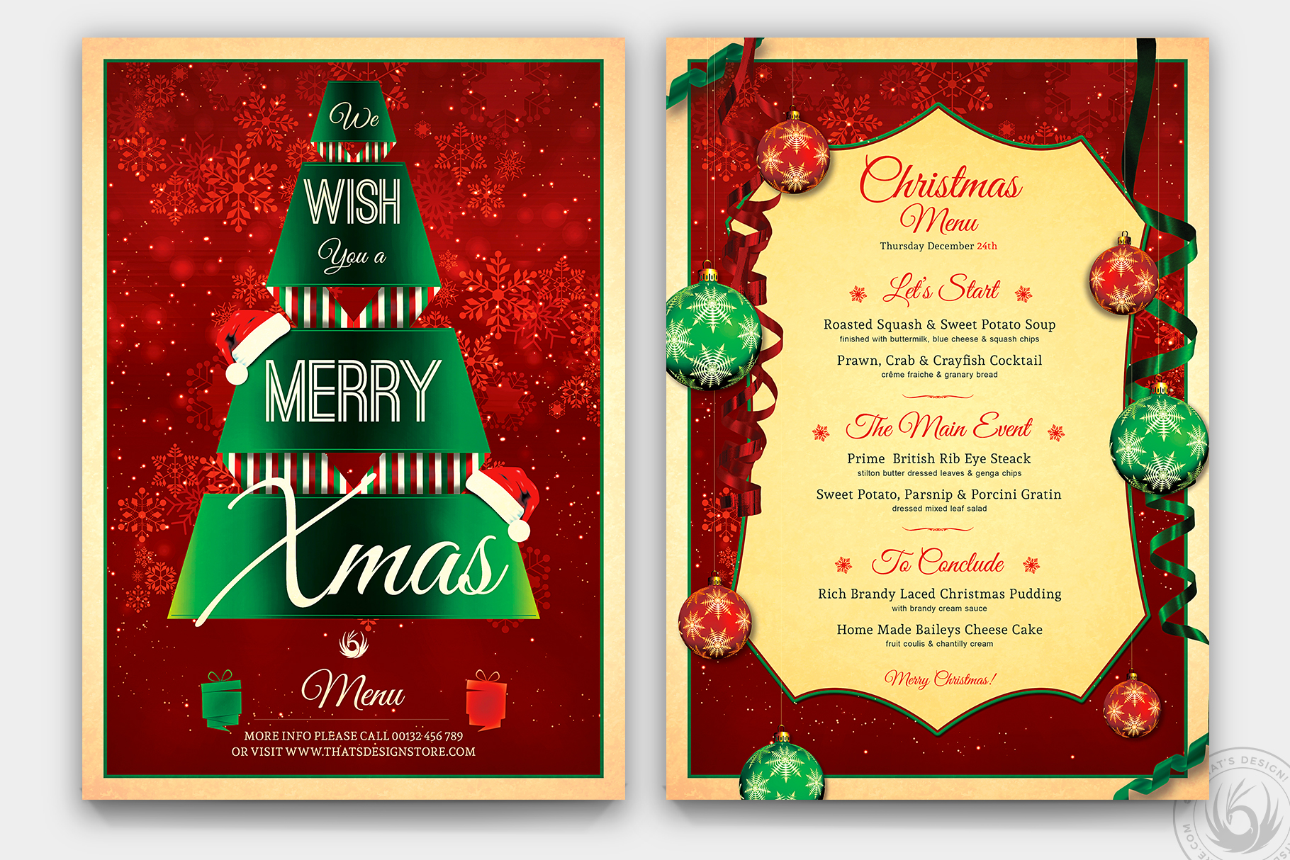 Christmas Menu Templates: Gold-Framed Green-and-Red Christmas Menu in PSD original product preview