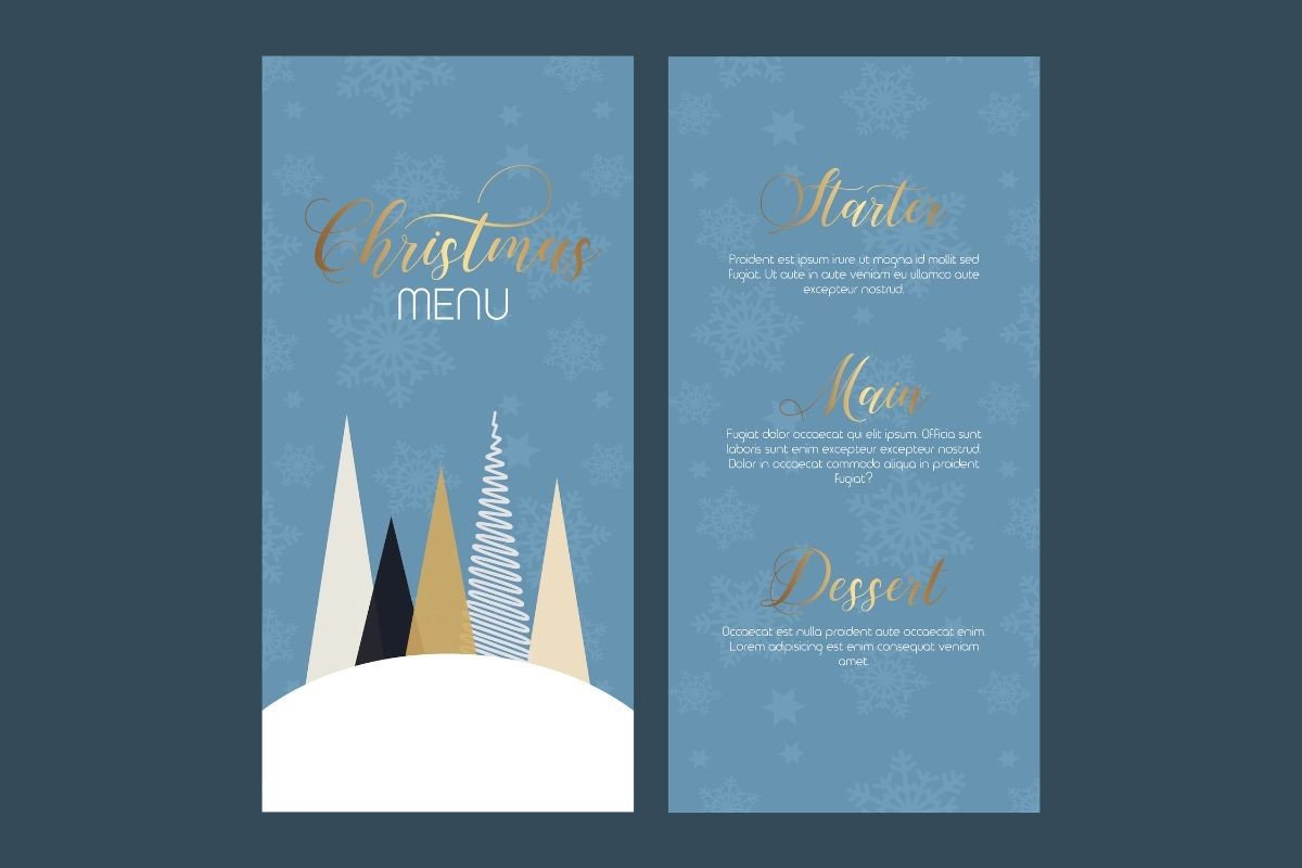 Christmas Menu Templates: A Narrow Blue-and-Gold Winter Menu Design original product preview