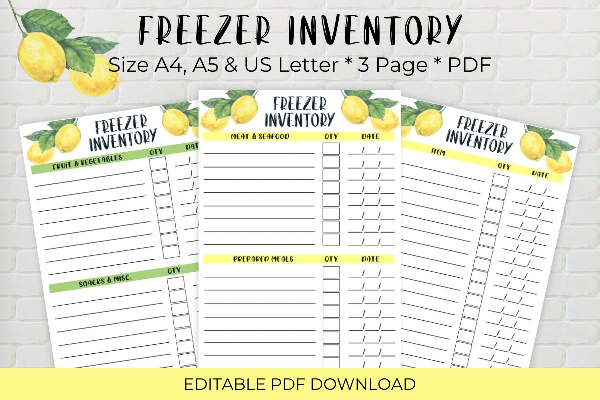 Freezer Inventory: Lemon-Themed Freezer Inventory PDFs in Three Sizes original product preview