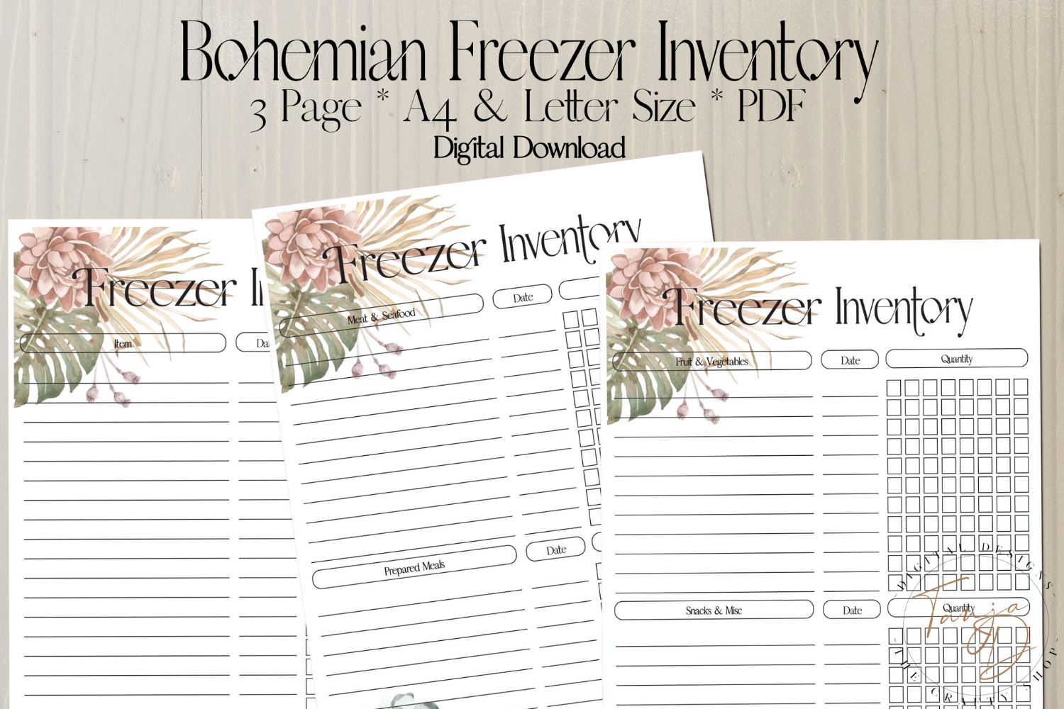Freezer Inventory: Bohemian Freezer Pages with Fillable Item Columns original product preview
