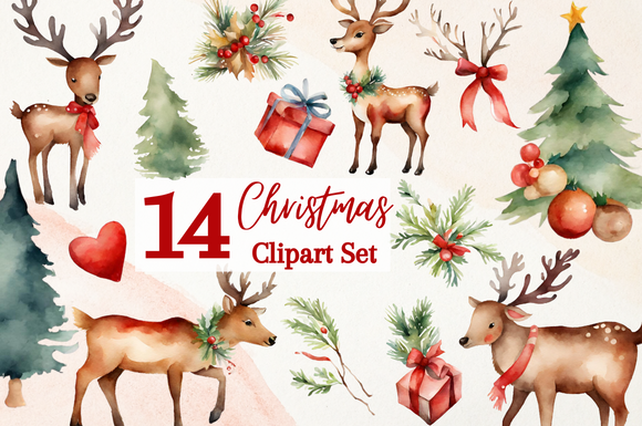 Reindeer Stickers: Fourteen Watercolor Reindeer and Supporting Holiday Elements original product preview