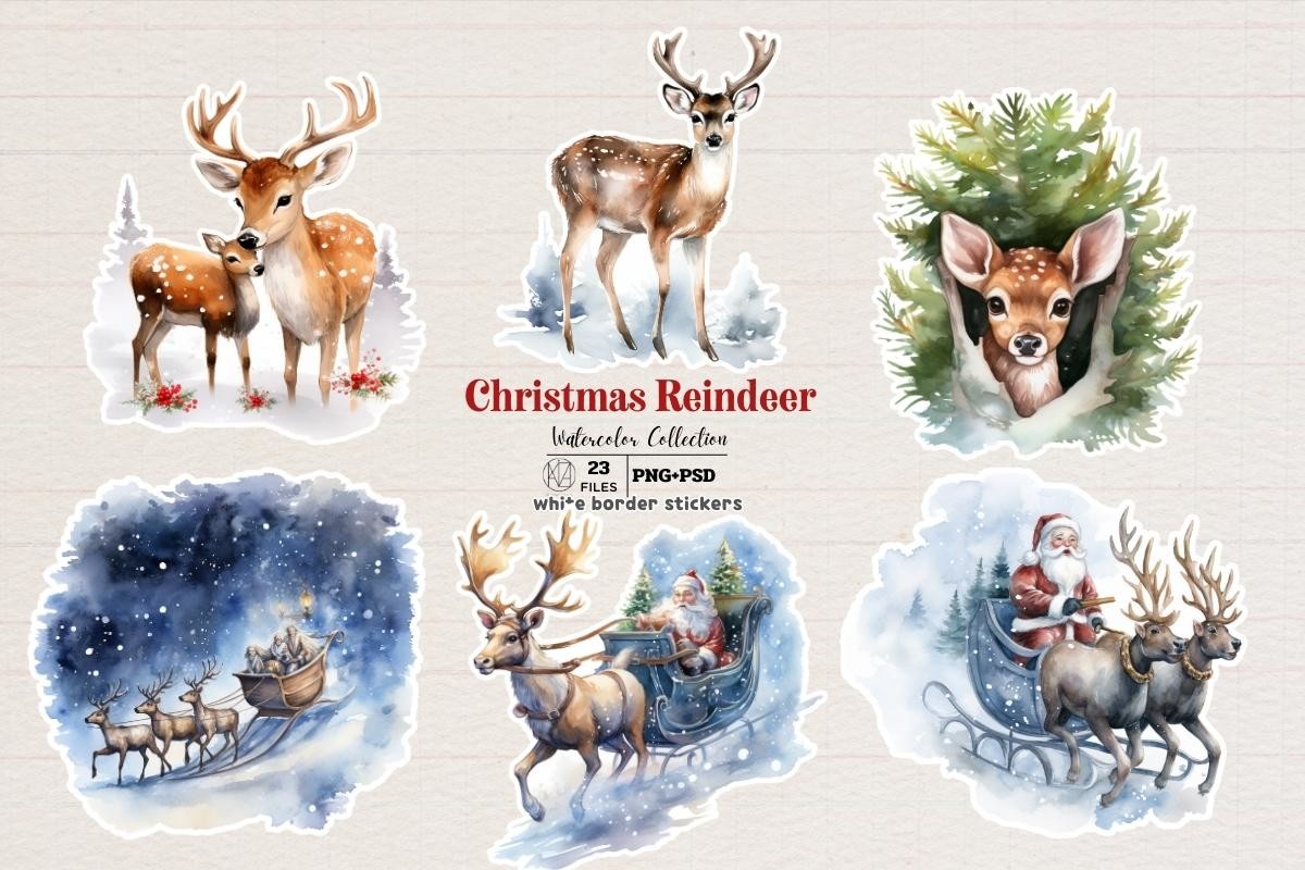 Reindeer Stickers: Watercolor Reindeer Elements with White Borders and a PSD original product preview