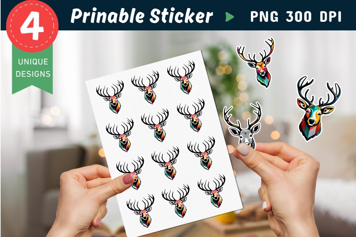 Reindeer Stickers: One PNG Composition with Four Decorative Reindeer Heads original product preview