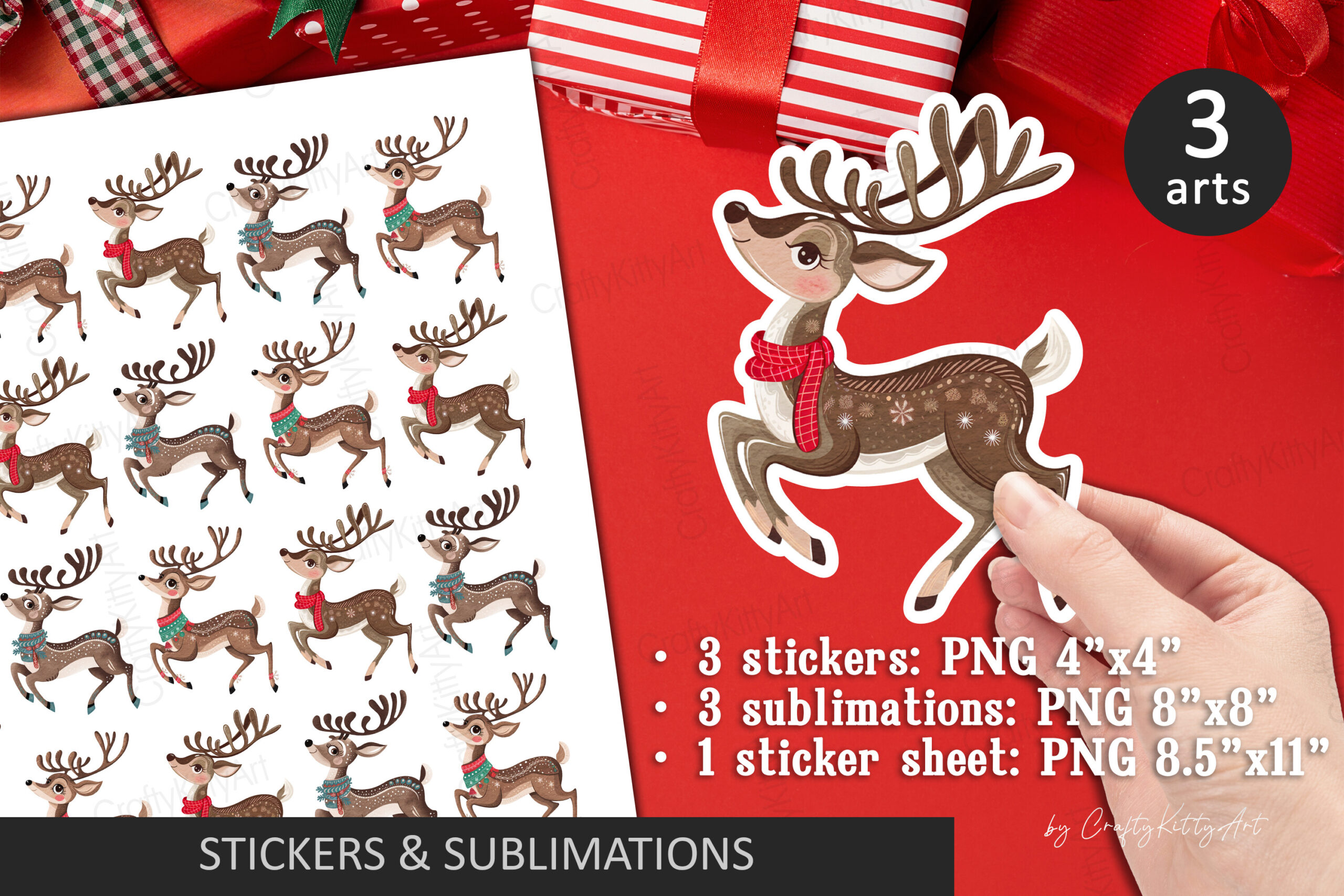 Reindeer Stickers: Three Reindeer Designs with Sticker and Larger PNG Versions original product preview