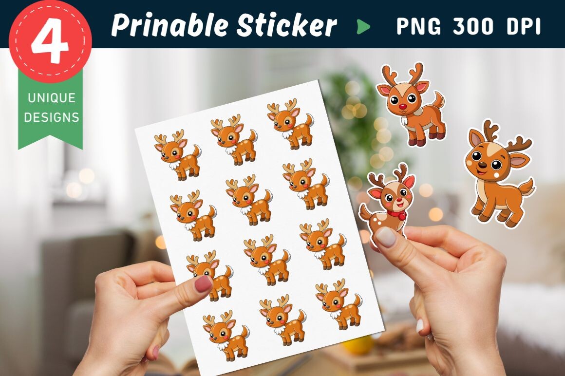 Reindeer Stickers: One PNG Showing a Group of Cute Cartoon Reindeer original product preview