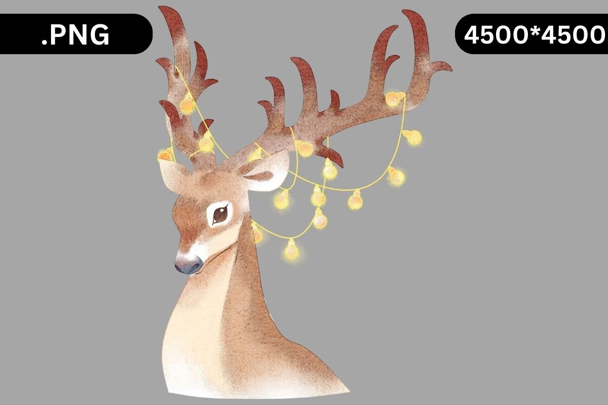 Reindeer Stickers: A Painted Reindeer Portrait with Lights on Its Antlers original product preview