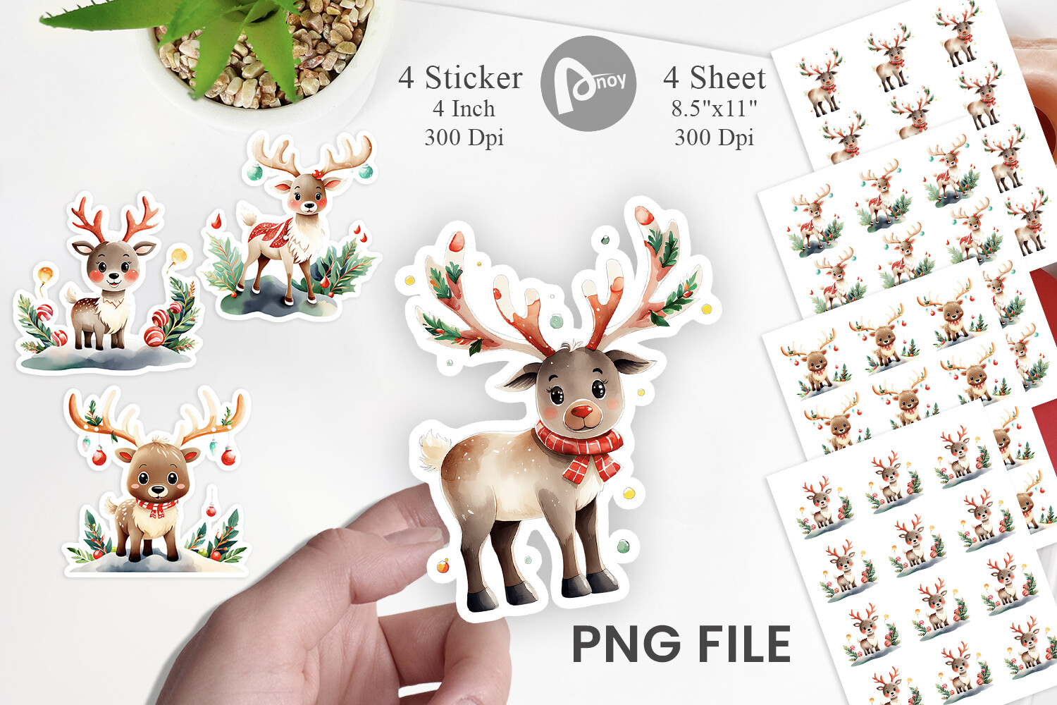 Reindeer Stickers: Four Soft Holiday Reindeer with Individual PNGs and Sheets original product preview