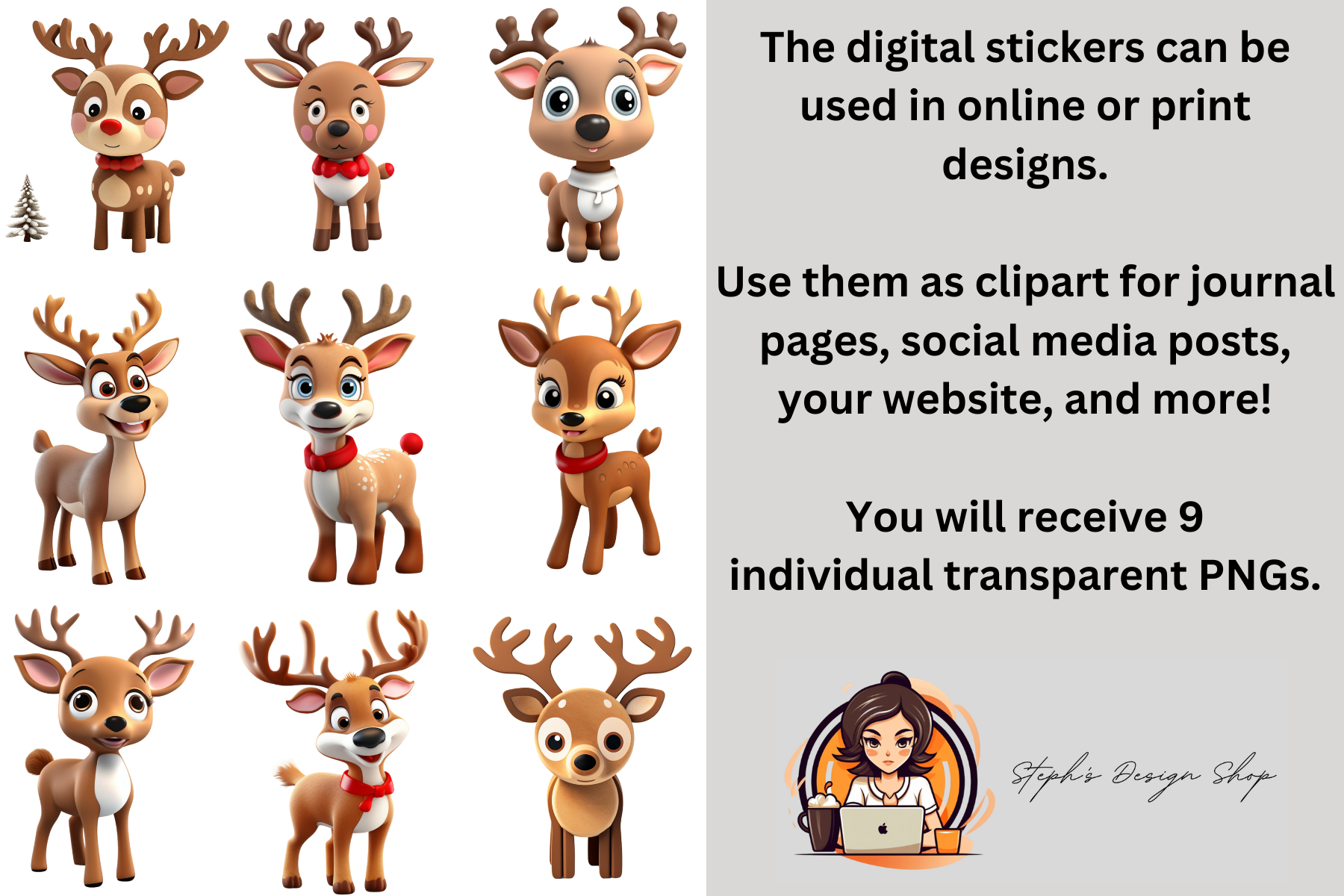 Reindeer Stickers: Nine Individual Cartoon Reindeer in Transparent PNG original product preview