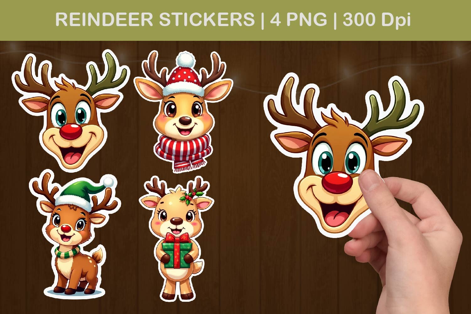 Reindeer Stickers: Four Cartoon Reindeer Faces and Christmas Characters original product preview
