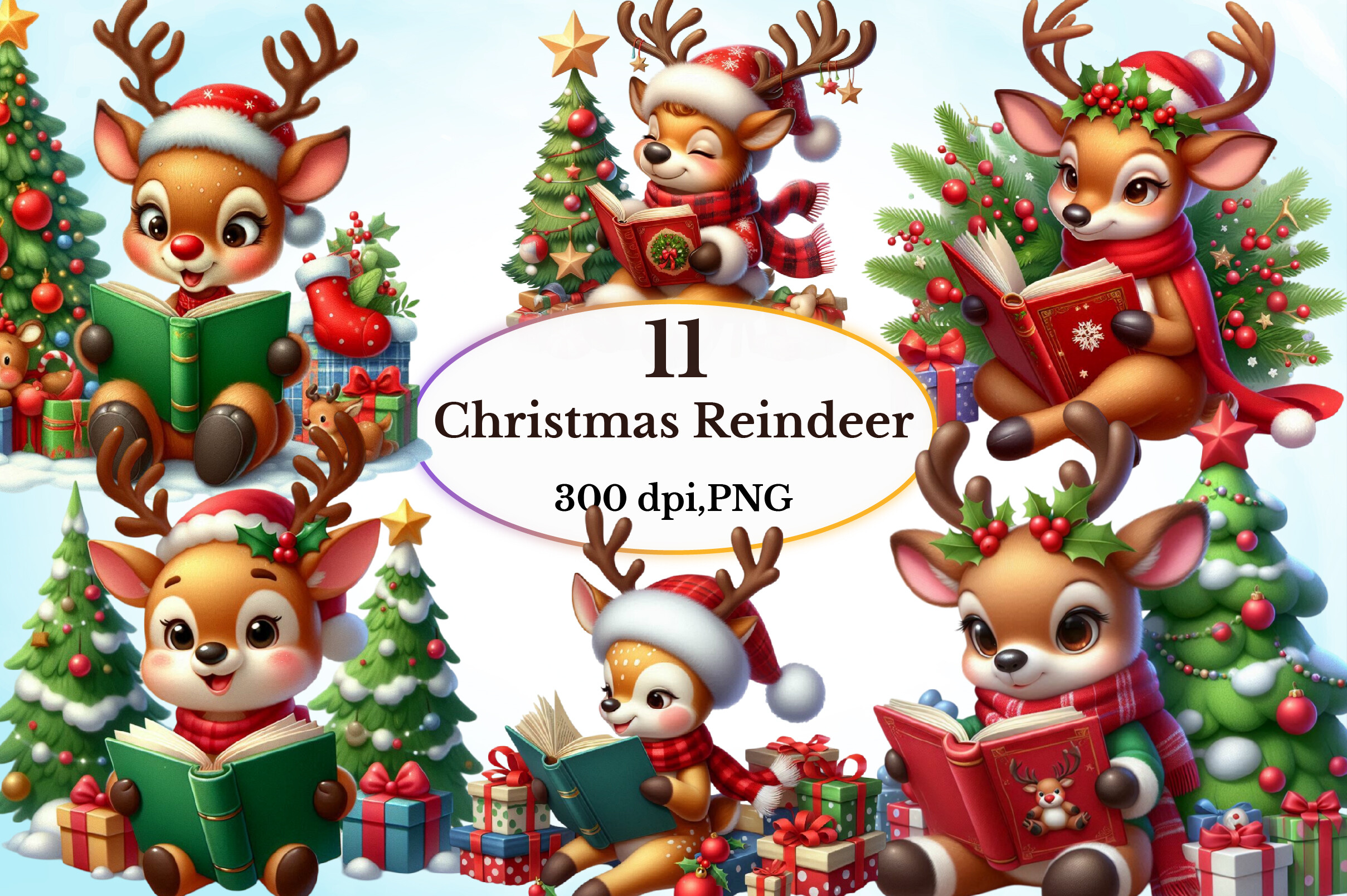 Reindeer Stickers: Eleven Cartoon Holiday Reindeer PNG Designs original product preview