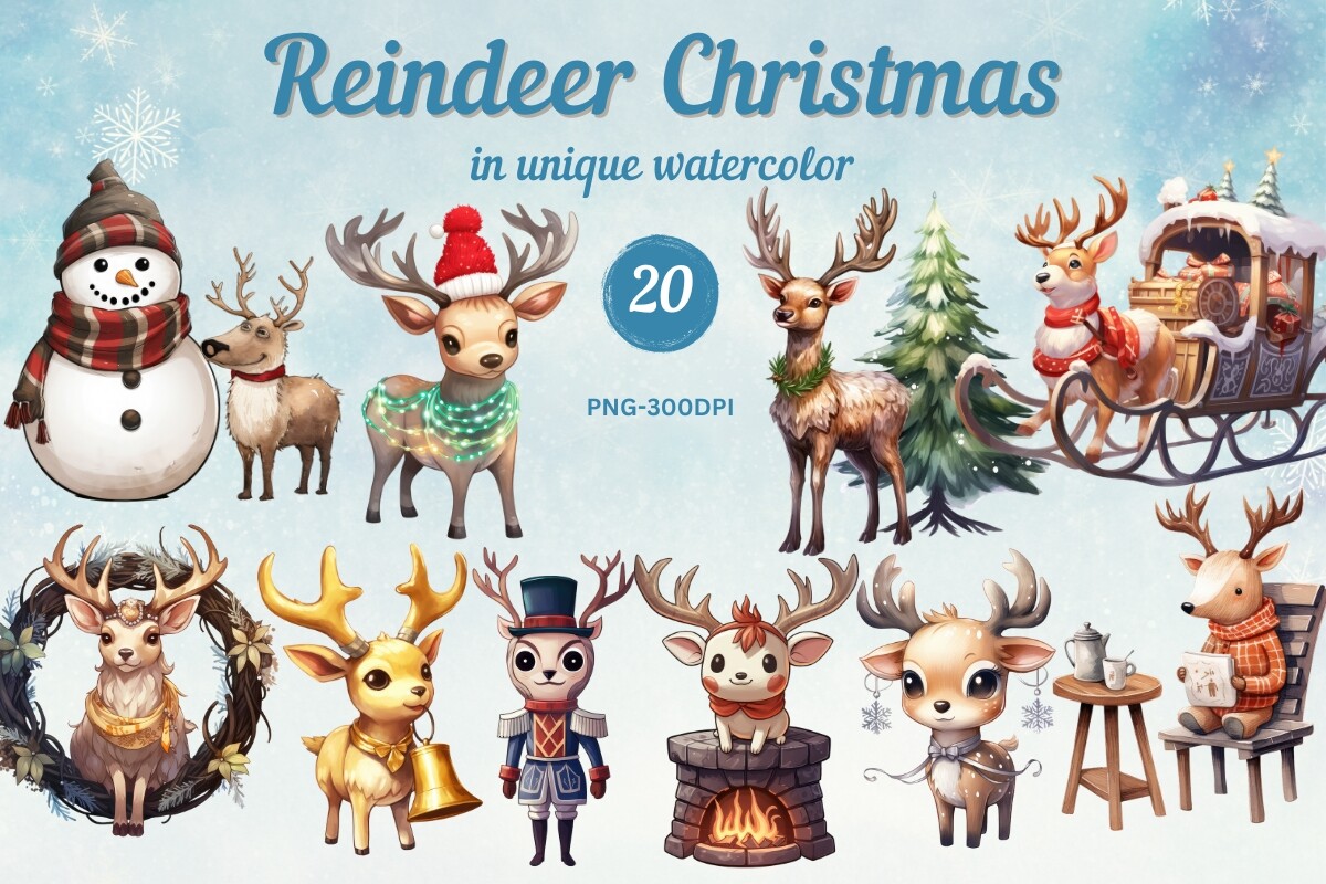 Reindeer Stickers: Twenty Watercolor Holiday PNGs with Reindeer and Other Motifs original product preview