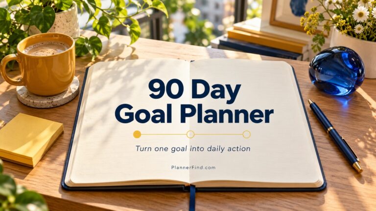 90 Day Goal Planner with realistic planner pages and themed desk accessories