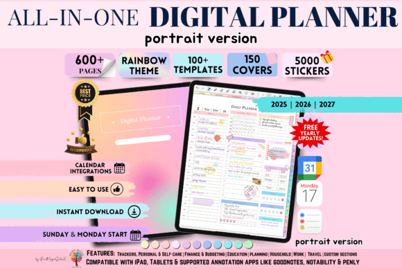 All in one portrait digital planner with stickers and covers